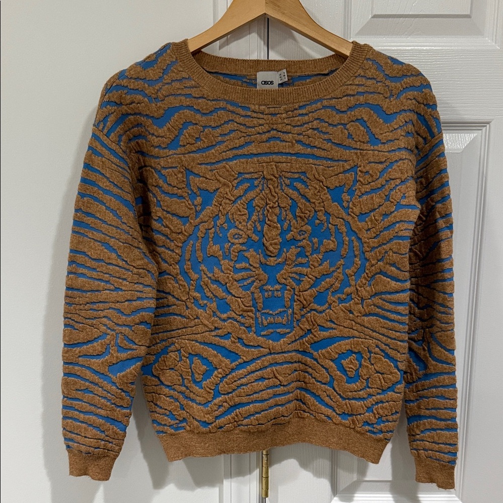 ASOS Brown and Blue Tiger Pattern Crewneck Sweater